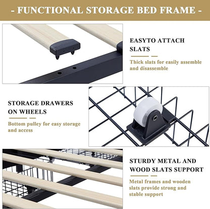 VECELO Queen Size Upholstered Platform Bed Frame with 4 Storage Drawers, Adjustable Velvet Rivets Headboard, Wooden Slats Support, No Box Spring Needed, Easy Assembly - LeafyLoom