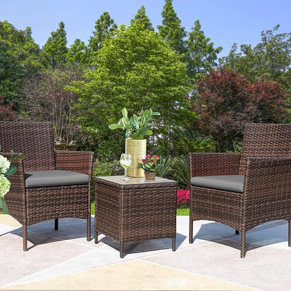 Greesum 3 Pieces Patio Furniture Sets Outdoor PE Rattan Wicker Chairs with Soft Cushion and Glass Coffee Table for Garden Backyard Porch Poolside, Brown and Gray - LeafyLoom