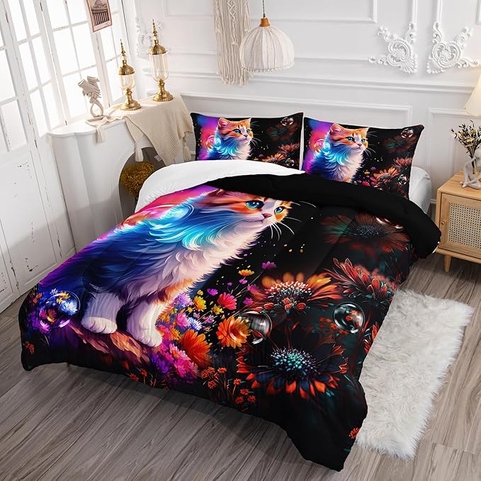 Cartoon Kawaii Cat Comforter Set Queen Size 3D Animals Flower Toddler Bedding Set Cat Lovers Animal Bubble Design Quilt Bed Set for Girls Kids Teens - LeafyLoom