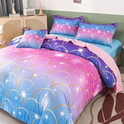 PERFEMET 6Pcs Pink Mermaid Comforter Set Queen Size 3D Glitter Bed in A Bag for Teens Girls Women Colorful Rainbow Bedding Set with Comforter and Sheets Ultra Soft Fuzzy Bed Comforter Quilted Set - LeafyLoom