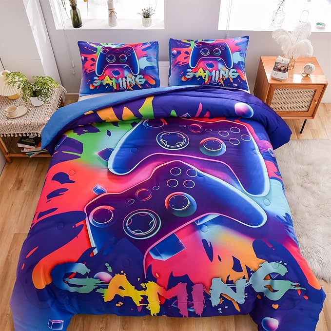 Aimuan Gaming Comforter Sets for Boys Kids Bedding Sets Video Games Console Action Buttons Novelty Colorful Game Gamepad Controller Modern Gamer Room Decor Home Quilt Set (Twin, Purple) - LeafyLoom