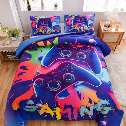 Aimuan Gaming Comforter Sets for Boys Kids Bedding Sets Video Games Console Action Buttons Novelty Colorful Game Gamepad Controller Modern Gamer Room Decor Home Quilt Set (Full, Purple) - LeafyLoom