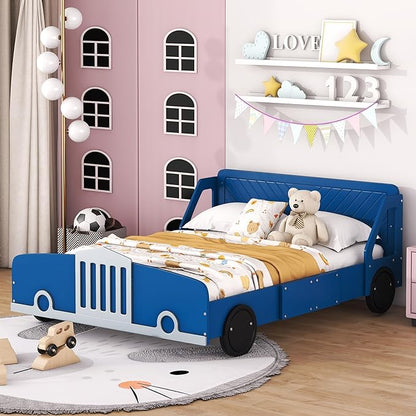 Full Size Car-Shaped Bed Frame for Kids,Wooden Platform Bed with Wheels and Side Rails for for Boys Girls,Wood Slat Supports,No Box Spring Needed,Blue - LeafyLoom