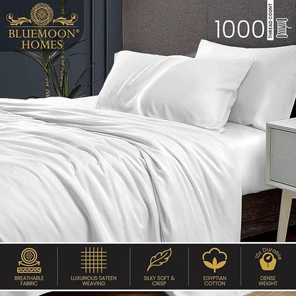 Bluemoon Homes 100% Egyptian Cotton Sheets Queen Size - 1000 Thread Count Sheets Queen Size Bed Sheet Set, Long Staple Bedding Sheets, Sateen Weave, Fits Upto 18" Mattress - White Queen Sheets - LeafyLoom