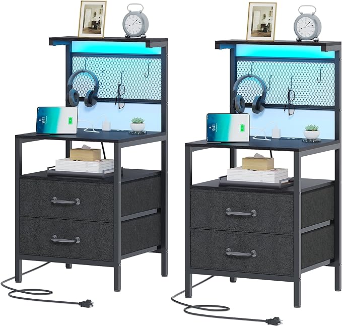 Tall Nightstand Set of 2 with Charging Station and LED Lights, Night Stand with Fabric Drawers, Bedside Table 36.4 Inch with Storage Shelves, Side Table, Mesh Shelves with Hooks, Black - LeafyLoom