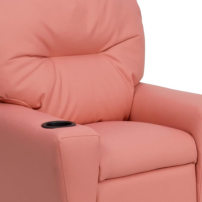 Flash Furniture Chandler Vinyl Kids Recliner with Cup Holder and Safety Recline, Contemporary Reclining Chair for Kids, Supports up to 90 lbs., Pink - LeafyLoom