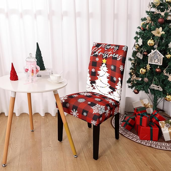 U'Artlines Christmas Chair Covers Set of 6, Removable Washable Merry Christmas Dining Chair Seat Covers Stretch Protector Slipcovers for Dining Room Kitchen Holiday Party Decor, Red Buffalo Plaid UArtlines