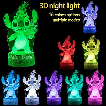 Stitch Night Light for Kids,Stitch Gifts,Christmas and Birthday Party Supplies for Boys/Girls, Stitch Decoration 3D Night Light, 16 Colors Change with Remote - LeafyLoom