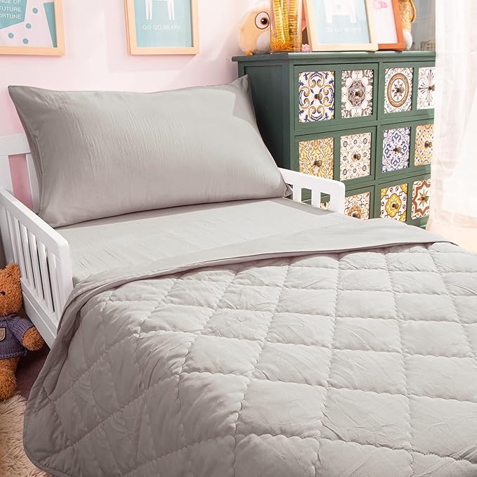 NTBAY Toddler Bedding Set - 4 Piece Soft and Breathable Crib Bedding Set for Boys and Girls, Includes Quilted Comforter, Fitted Sheet, Flat Top Sheet and Envelope Pillowcase, Smoke Grey - LeafyLoom