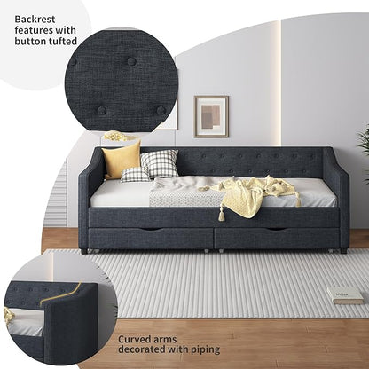 Full Daybed Frame with 2 Storage Drawers,Upholstered Sofa Bed W/Button & Nailhead Tufted Design,Wood Slats Support,Linen Fabric Bedframe for Living Room Bedroom Apartment,Dark Gray - LeafyLoom