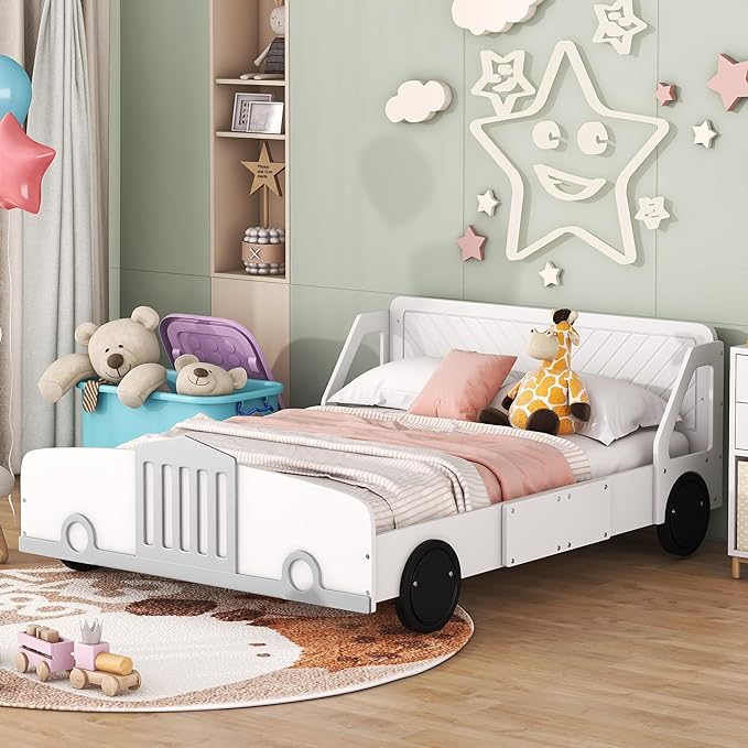 Full Size Car-Shaped Bed Frame for Kids,Wooden Platform Bed with Wheels and Side Rails for for Boys Girls,Wood Slat Supports,No Box Spring Needed,White - LeafyLoom