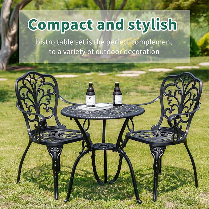 Bistro Table and Chairs Set of 2, Cast Aluminum Patio Furniture, Outdoor Bistro Set 3 Piece with Umbrella Hole for Balcony Porch Yard - LeafyLoom