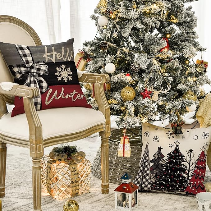 AVOIN colorlife Merry Christmas Joy Xmas Trees Red Throw Pillow Covers, 18 x 18 Inch Christmas Winter Holiday Cushion Case Decoration for Sofa Couch Set of 4 AVOINcolorlife