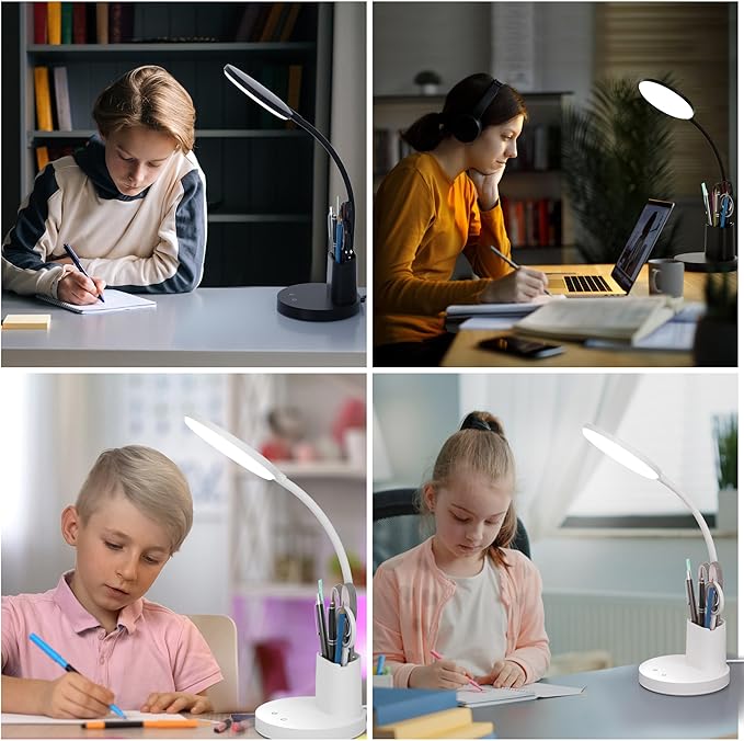 Desk Lamp, LED Desk Lamp for Home Office, Touch Table Lamp with 3 Color Modes 360° Adjustable Arm, Dimmable Desk Light with Pen Phone Holder, White - LeafyLoom