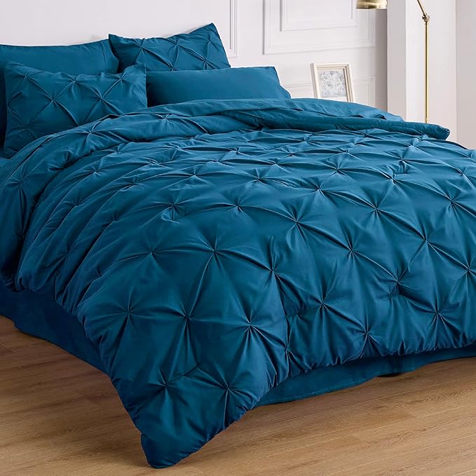 Bedsure Teal Comforter Set Queen - Bed in a Bag Queen 7 Pieces, Pintuck Bedding Sets Teal Blue Bed Set with Comforter, Sheets, Pillowcases & Shams - LeafyLoom