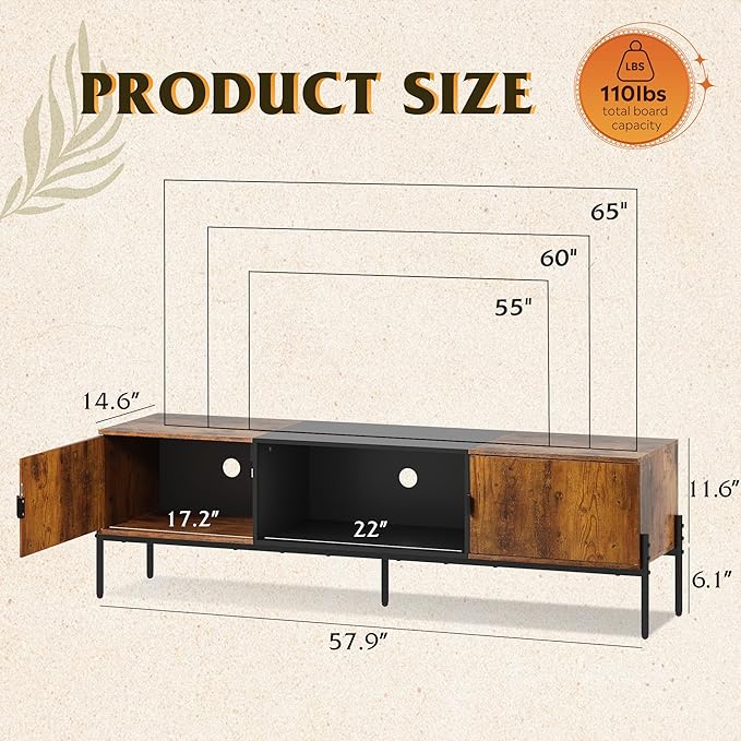 WLIVE Modern TV Stand for 65 Inch TV, Mid Century Entainment Center with Storage, TV Console with Open Shelf and 2 Cabinets for Bedroom and Living Room, TV Cabinet with Metal Legs, Rustic Brown - LeafyLoom