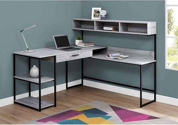 Monarch Specialties Workstation for Home & Office with Multiple Shelves and Drawer L-Shaped Corner Desk with Hutch, 60" L, Grey/Black Frame - LeafyLoom