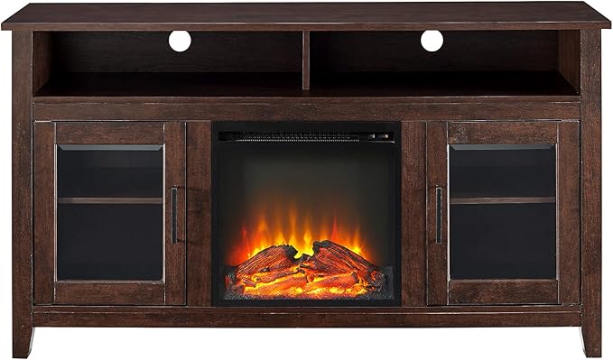 Walker Edison Glenwood Rustic Farmhouse Glass Door Highboy Fireplace TV Stand for TVs up to 65 Inches, 58 Inch, Brown - LeafyLoom