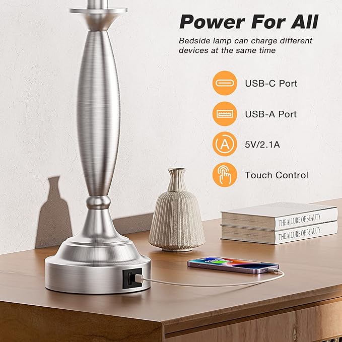 Bedrooms Touch Control Bedside Lamp with USB C+A, 3 Way Dimmable Nightstand Lamps with USB Port, Brushed Nickel Table Lamp for Living Room Guest Room Bed Side End Table, Set of 2 - LeafyLoom