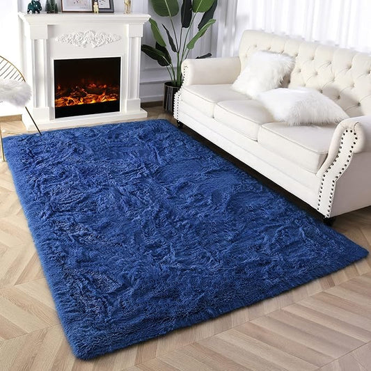 Super Soft Fluffy Shaggy Rugs for Living Room Bedroom, Fuzzy Plush Area Rugs for Girls Kids Room Nursery Home Decor, Furry Dorm Rug Cute Non-Slip Indoor Floor Carpet 5x8 Feet, Navy Blue - LeafyLoom