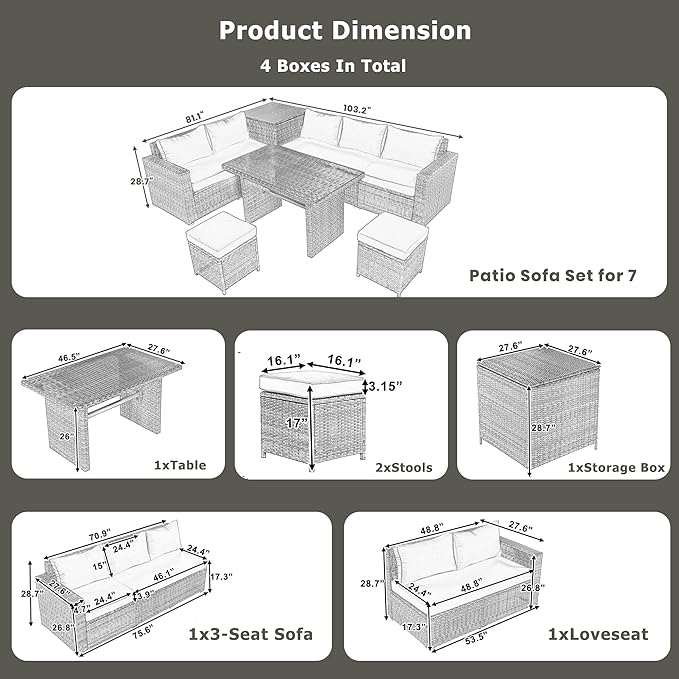 Outdoor Furniture 6-Piece Patio Sofa Set, All Weather PE Rattan Sectional Couch with Tempered Glass Dining Table, Adjustable Seat, Storage Box&Removable Covers, for Garden Backyard, 1, Beige - LeafyLoom