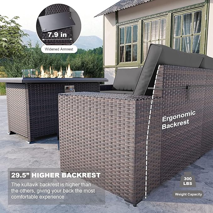 Kullavik 7 PCS Outdoor Patio Furniture Set with 43" 55000BTU Gas Propane Fire Pit Table PE Wicker Rattan Sectional Sofa Patio Conversation Sets for Outdoor,Grey - LeafyLoom