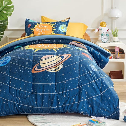 SLEEP ZONE 5 Pieces Bedding Super Soft Comforther Set, Soft Lightweight Bed in a Bag, Durable Children Bed Set, Easy Care, All Season (Solar System, Twin) - LeafyLoom