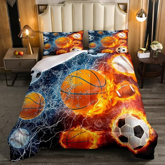 Erosebridal Sports Bedding Set for Boys Queen,Baseball Basketball Comforter Set Soccer Football Bedding Comforter Sets for Kids Teens Men,Red Blue Ice Fire Lightning Decor Quilt Duvet Set 3 Pcs - LeafyLoom