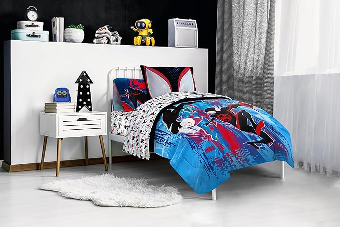 Marvel Spiderman Across The Spider-Verse Glitch 5 Piece Twin Size Bed Set - includes Comforter & Sheet Set Bedding - Super Soft Fade Resistant Microfiber (Official Product) - LeafyLoom