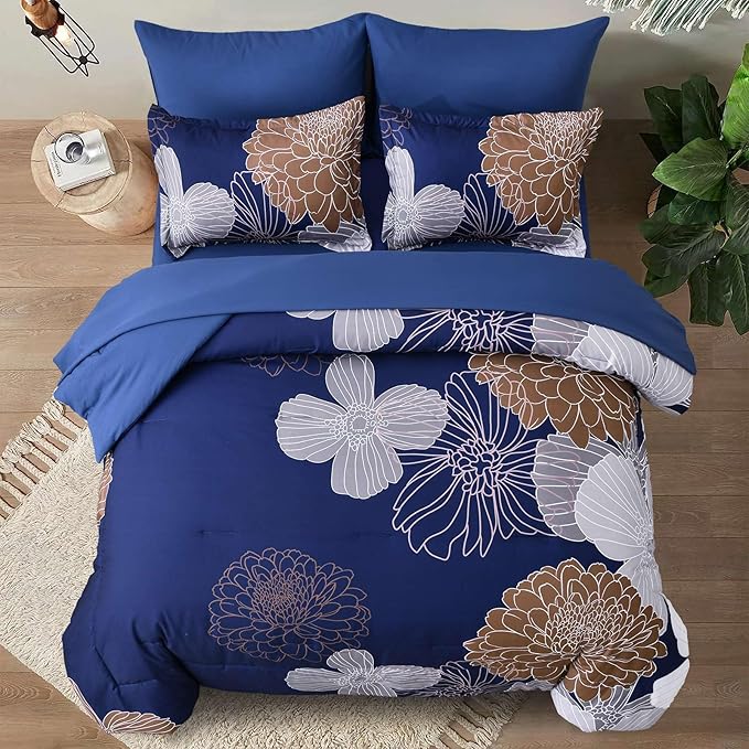 Yiran Navy Brown Comforter Set Queen Bed in a Bag 7 Pieces Floral Soft Microfiber Comforter Bedding Sets Bed Set with Comforter, Sheets, Pillowcases & Shams 90"×90" - LeafyLoom