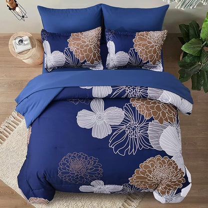 Yiran 7 Pieces Floral Comforter Bedding Sets Bed in a Bag Navy Brown Soft Microfiber Comforter Set with Comforter, Sheets, Pillowcases & Shams King Size 103"×90" - LeafyLoom