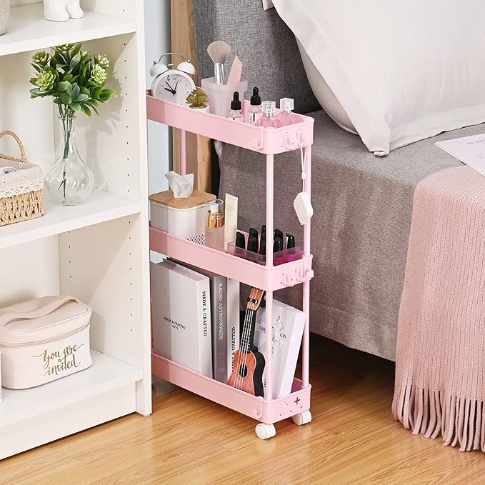 TOOLF Slim Rolling Storage Cart, 3 Tier Utility Cart on Wheels with Hooks, Bathroom Rolling Cart Organizer, Thin Mobile Shelving Unit for Laundry Kitchen Dorm for Nursery Diaper Craft Snack, Pink - LeafyLoom