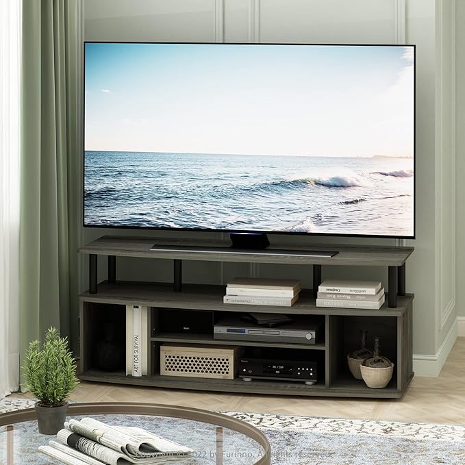 Furinno Jaya Large Entertainment Center Hold up to 55-in TV, Inch, French Oak/Black - LeafyLoom