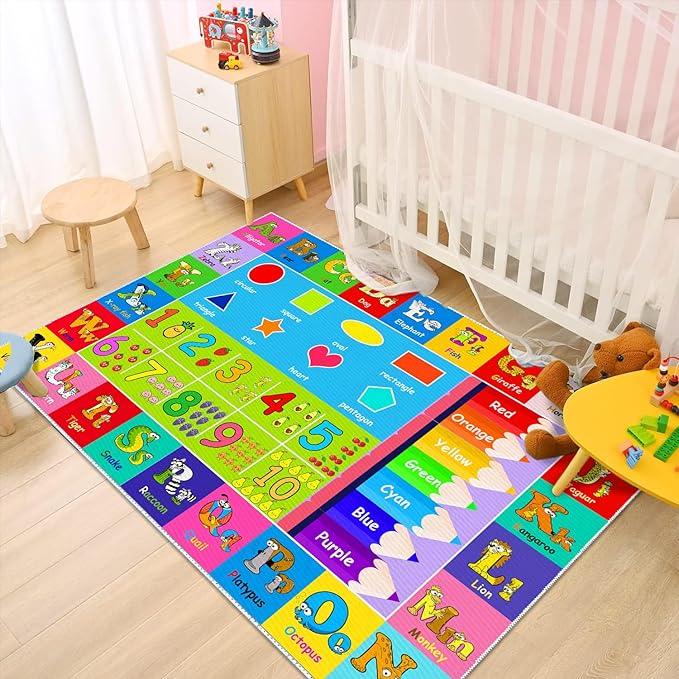 Kids Alphabet Play Game Rug - 3' x 5' ABC Numbers and Shapes Educational Learning Toddler Carpet - Kids Room Playroom Classroom Kindergarten Activity Fun Soft Non-Slip Mat - LeafyLoom