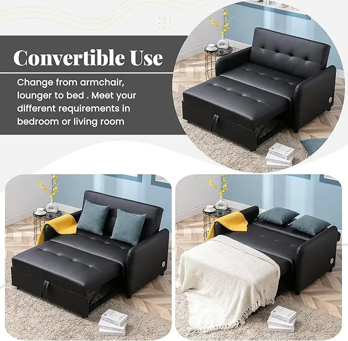 3 in 1 Convertible Sleeper Loveseat Sofa with Pull Out Bed, Reclining Backrest and Dual USB Ports , Faxu Leather Futon Couches Pullout Sofabed Lounge Chaise for Living Room Apartment Small Place - LeafyLoom