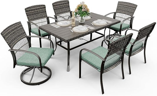 Pamapic 7 Piece Outdoor Dining Set, Rattan Outdoor Patio Furniture Set for Backyard with Iron Outdoor Dining Table, 4 Swivel Deck Chairs, 2 Wicker Chairs and Removable Cushions (Green) - LeafyLoom