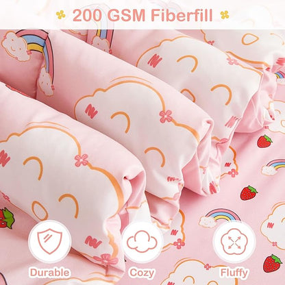 Mooreeke Bed in a Bag for Kids Girls Teens, 7 Pieces Full Size Comforter Bed Set with Shams, Sheet Set, Rainbow Cloud Strawberry Pink Super Soft Microfiber Kids Comforter Bedding Set - LeafyLoom