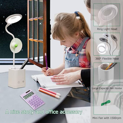 Led Desk Lamps, Small Cute Desk Lamp with 3 Lighting Modes, Modern Desk Ring Night Light with Pen Holder and Green Mini Fan for Home Office Bedroom - LeafyLoom