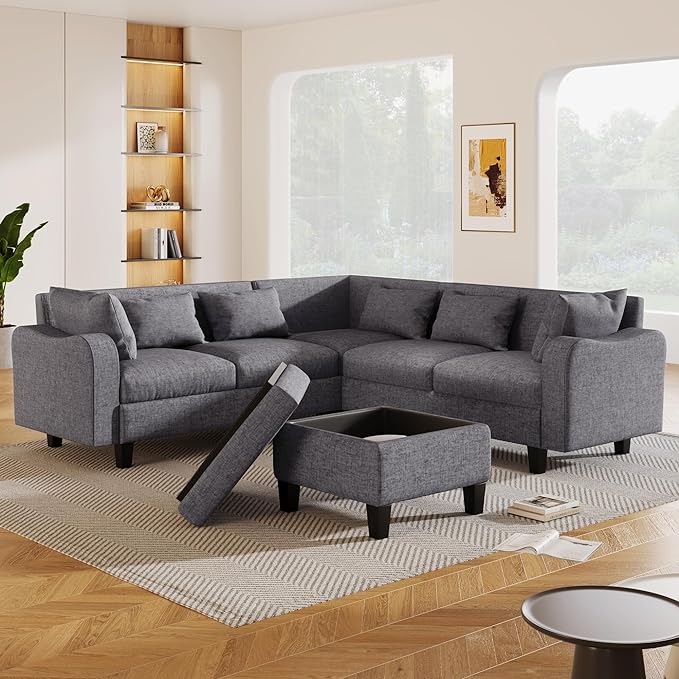 Modern L-Shaped Couch with Coffee Table & 6 Pillows, 6-Seat Sectional Sofa Set with Storage Ottoman & Unique Curved Armrest, Convertible 5-Seat Indoor Furniture for Living Room, Apartment - LeafyLoom