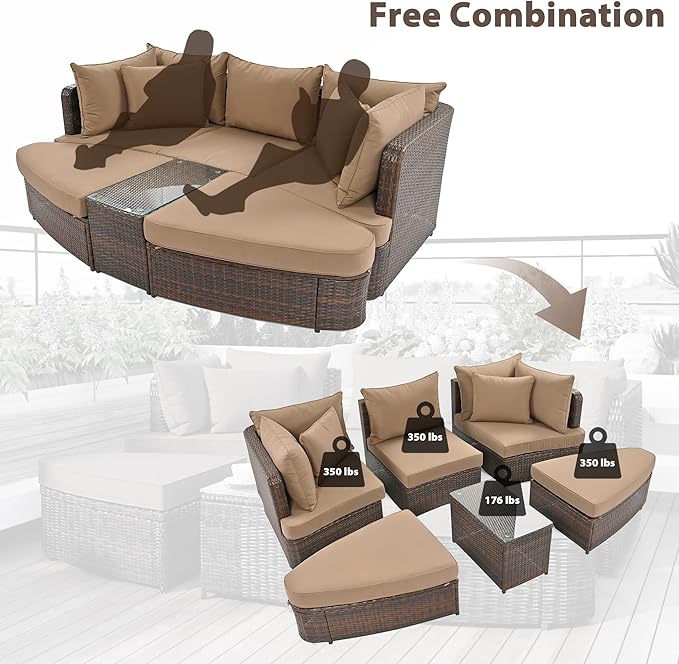 6-Piece Patio Round Sofa Set Rattan Daybed with Coffee Table and Cushions, Outdoor Furniture Conversation Sectional Seating Group for Garden, Poolside, Backyard, Brown - LeafyLoom