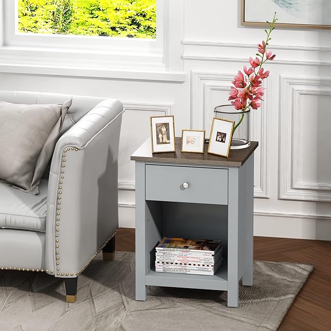 ChooChoo Nightstand with Charging Station, Wooden Top Bedside Table with Drawer and Storage Space for Bedroom, Grey - LeafyLoom