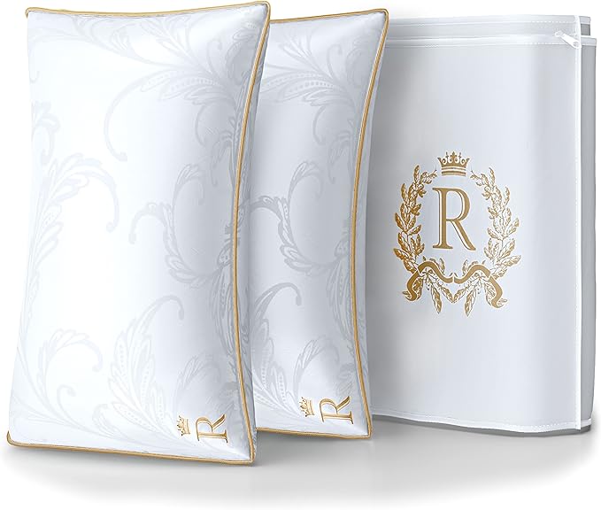 Royal Therapy Pillows Queen Size Set of 2 - Cooling Pillow, Side Sleeper Pillow - Adjustable Alternative Down Pillow, Bed Pillows, Sophisticated Design & Gold Piping - LeafyLoom