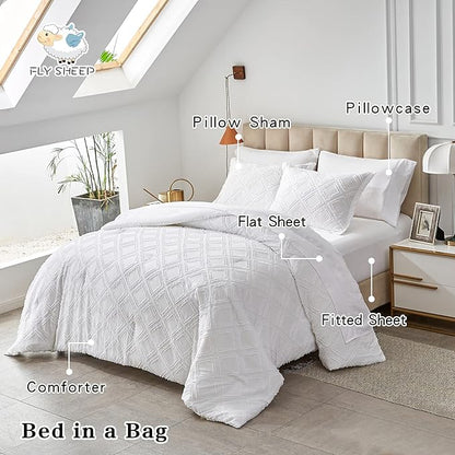 7 Pieces Tufted Bed in a Bag King Comforter Set with Sheets White, Soft and Embroidery Shabby Chic Boho Bohemian, Luxury Solid Color with Diamond Pattern, Jacquard Tufts Bedding Set for All Season - LeafyLoom