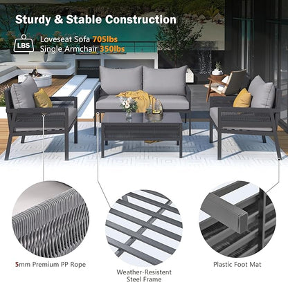 4-Piece Patio Conversation Furniture Set, Rope Weave Outdoor Loveseat Sofa with 2 Armchairs, Thick Cushion&Tempered Glass Table, for Garden Backyard, Onesize, Gray - LeafyLoom