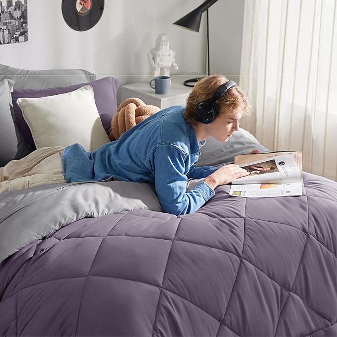 Bedsure Grayish Purple California King Size Comforter Set - 7 Pieces Reversible Cal King Bed in a Bag, Cal King Grayish Purple and Grey Bed Set with Comforters, Sheets, Pillowcases & Shams - LeafyLoom