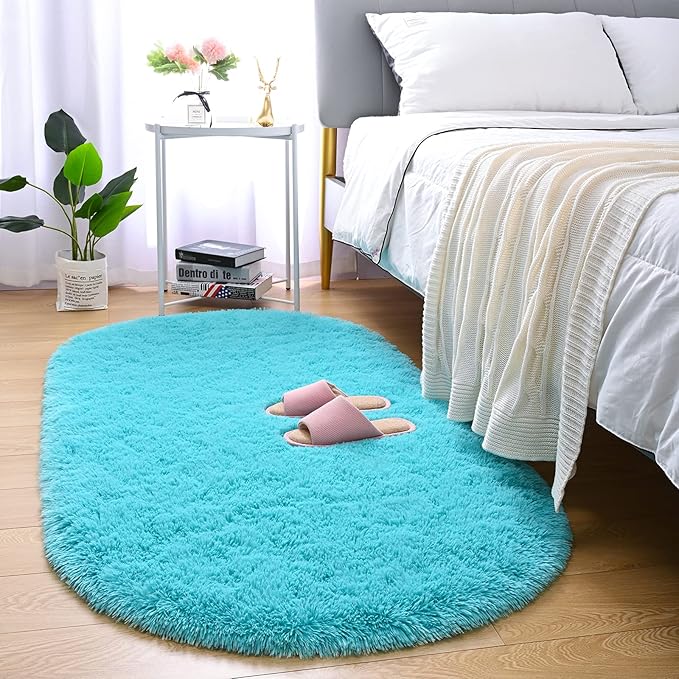 Merelax Soft Shaggy Rug for Kids Bedroom, Oval 2.6'x5.3' Teal Plush Fluffy Carpets for Living Room, Furry Carpet for Teen Girls Room, Anti-skid Fuzzy Comfy Rug for Nursery Decor Cute Baby Play Mat - LeafyLoom