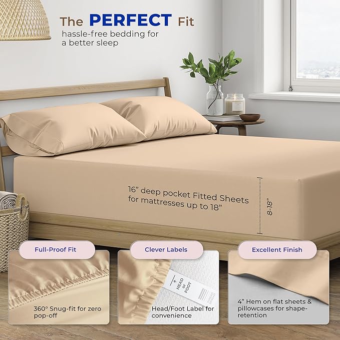 THREAD SPREAD Luxury Egyptian Cotton Sheets Twin XL Size - 600 Thread Count 3 PC Twin XL Sheets Deep Pockets, Extra Soft, Cooling Extra Long Staple Sateen Weave College Dorm Bedding Twin XL - Taupe - LeafyLoom