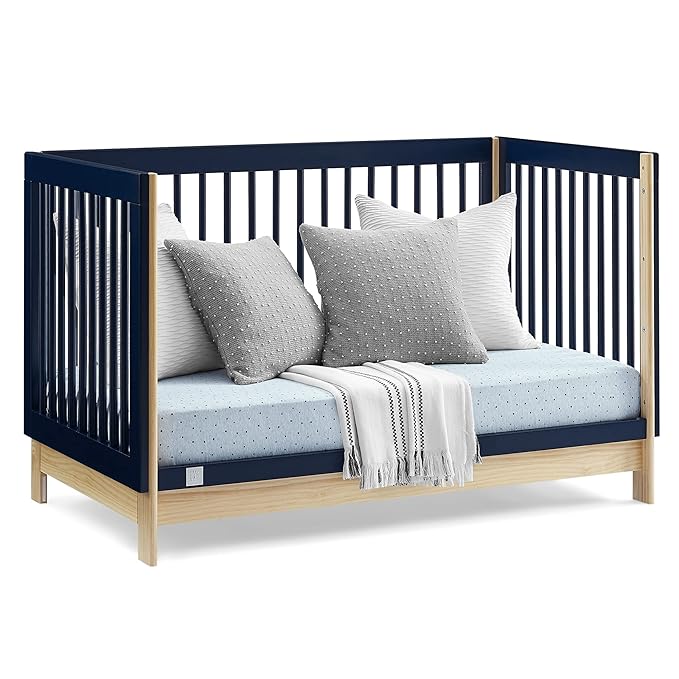 Delta Children babyGap Tate 4-in-1 Convertible Crib + Brannan Bear Bookcase with Bins + Brannan Bear Wall Shelf with 4 Hooks, Navy/Natural (Bundle) - LeafyLoom