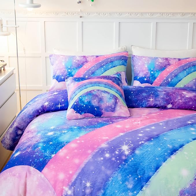 Tie Dye Blue Teens Comforter Set Queen for Girls, 3D Rainbow Gradient Glitter Bed in A Bag, 6 Pieces Twinkle Nebula Comforter Kids Bedding Set for All Season - LeafyLoom