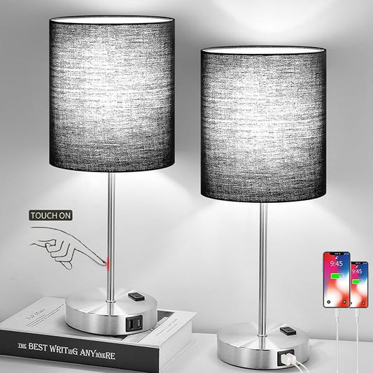 Lynnoland 𝟮𝟬𝟮𝟯 𝗡𝗘𝗪 Set of 2 Touch Control Table Lamps with 2 USB & AC Outlet, 3-Way Dimmable Bedside Nightstand Lamps for Bedroom Living Room Nursery, 800 Lumens 5000K Daylight Bulbs Included - LeafyLoom